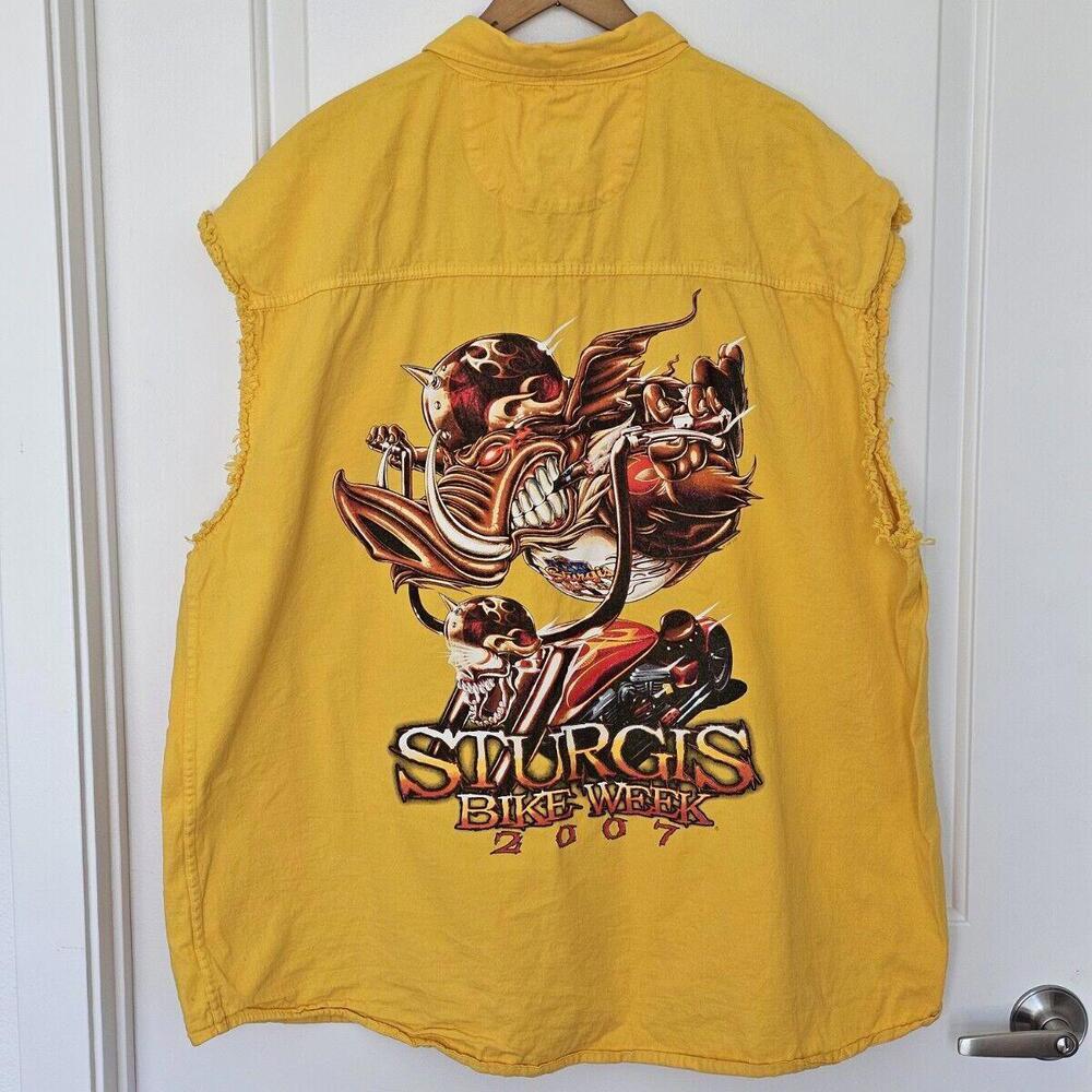 Sturgis Rally 2007 Yellow Sleeveless Denim Motorcycle Bike Week Shirt Mens 5XL